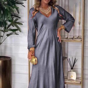 Full Size V-Neck Long Sleeve Midi Dress Plus Size | New Relaxed Fit Solid Dress